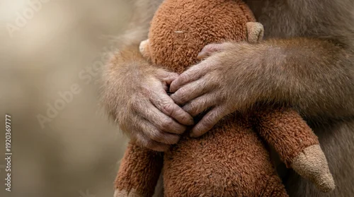 Fototapeta Punch baby macaque holding plush toy close, emotional support object symbolizing loneliness, attachment, comfort and orphan monkey emotional connection