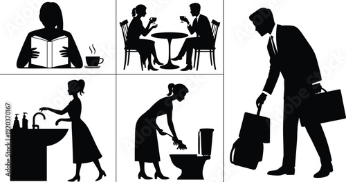 Black silhouette set of reading couple coffee meeting cleaning bathroom and businessman with briefcases isolated illustration