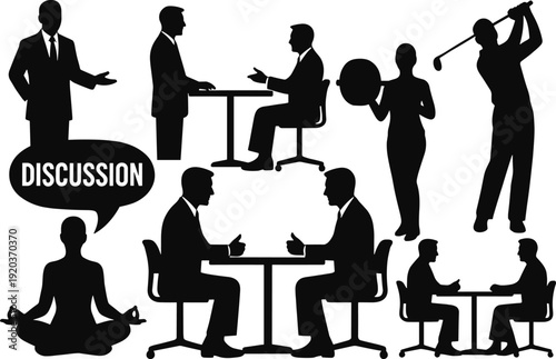 Business people silhouette set, discussion, meeting, negotiation, communication, teamwork, office lifestyle, fitness, meditation, golf, vector illustration collection