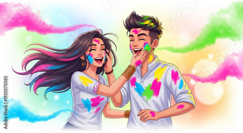 Young couple celebrating holi festival with colorful powder on faces and clothes smiling and laughing together