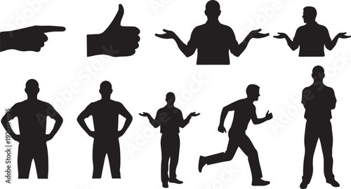 Silhouettes of people in various poses and gestures