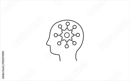 Outline of a human profile with a central gear and connected nodes symbolizes AI systems, intelligent automation, data networks, modern digital technology. Flat illustrator vector file. High quality i