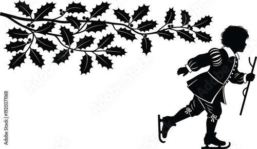 Black silhouette of boy ice skating under holly branch ice skate winter