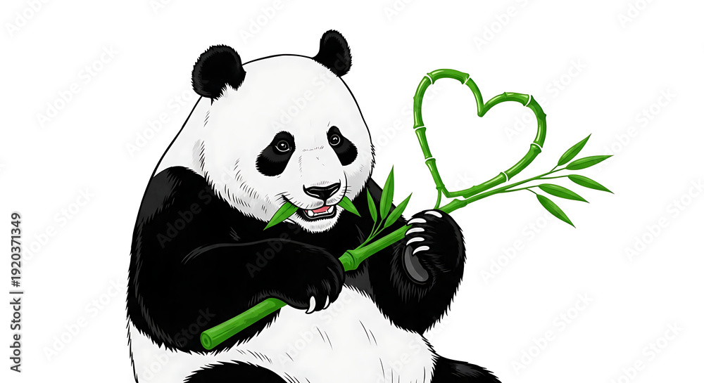 Naklejka premium Panda holding heart shaped bamboo