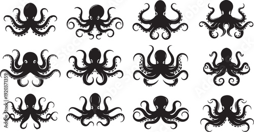 Set of black octopus silhouettes on white background illustration