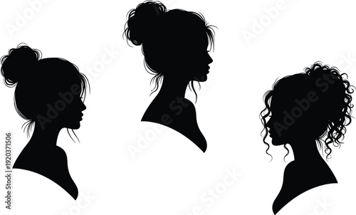 Black silhouettes of three women with different hairstyles profiles side views