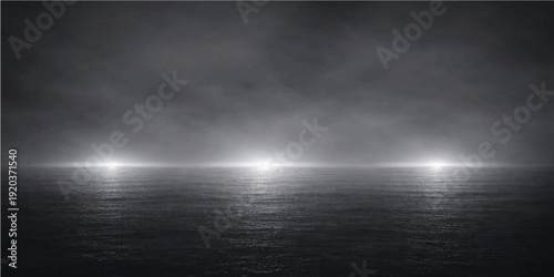 Dramatic black and white abstract background featuring a dark storm with smoke and thick clouds over a misty sea texture