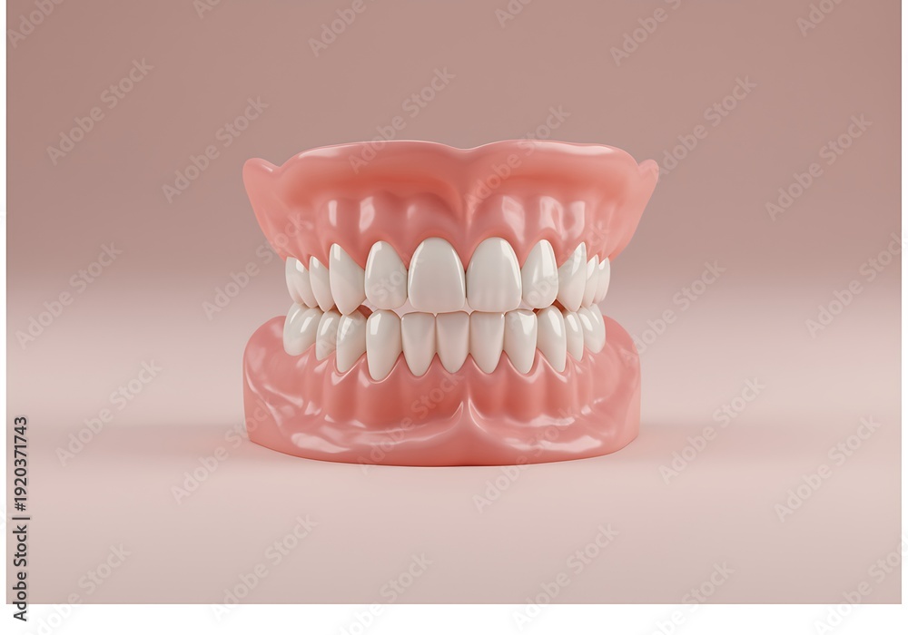 Obraz premium Denture model with white teeth on pink gum base for dental health and hygiene concepts fake smile for medical and cosmetic dentistry