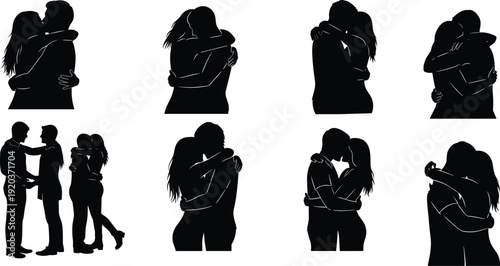Black silhouettes of couples embracing and kissing love embrace
