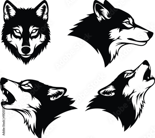 Black and white wolf head silhouettes in different expressions wolves canine animal