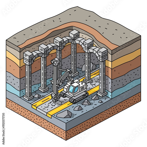 Archaeological excavation site with layered soil and ancient structure.