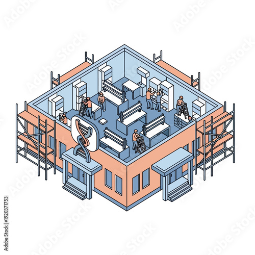 Isometric illustration of a construction site with workers and scaffolding.