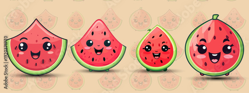 Set of cute kawaii cartoon slices of watermelon with a happy face , vector illustration design.