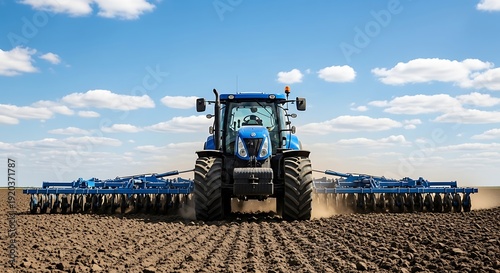 Front view of a blue agricultural tractor with disc harrow cultivating a field under a clear blue sky.