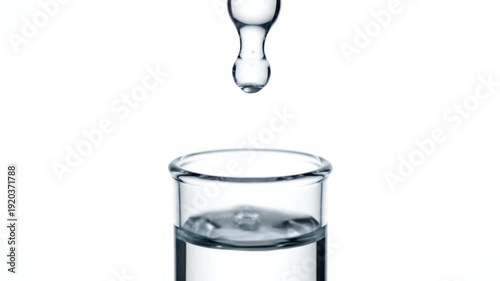 A scientific video showcases water droplets continuously falling and cascading through multiple clear glass containers, illustrating fluid dynamics, impact, and surface tension in a precise, slow-mot