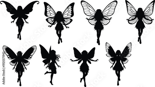 Black silhouettes of fairies with different wing on white background wings