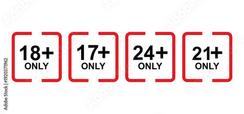 vector logo sets age limit sign, underage restriction, prohibition icon, age icon 1, 3, 6, 12, 14, 17, 18, 21, 24 years and above.