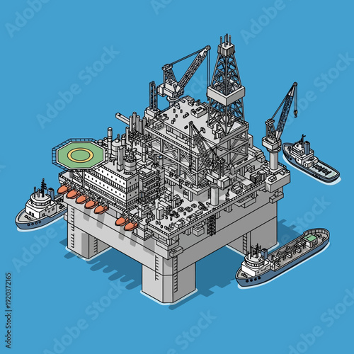 Isometric illustration of an offshore oil rig with support vessels.