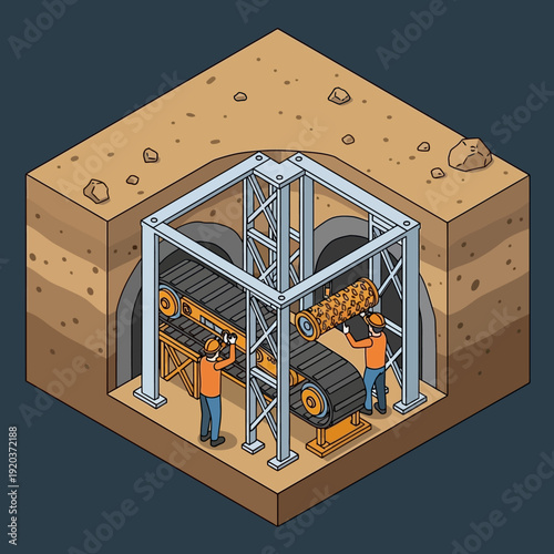 Underground mining operation with workers and machinery.