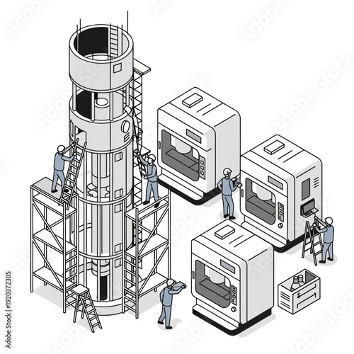 Industrial machinery and equipment being assembled and maintained by workers.