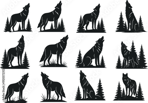 Black silhouette of wolves howling at night wolf howling wolf trees