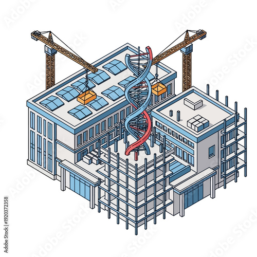 Isometric illustration of a building under construction with DNA double helix.