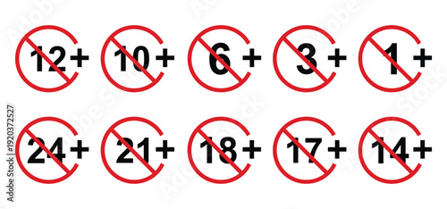 vector logo sets age limit sign, underage restriction, prohibition icon, age icon 1, 3, 6, 12, 14, 17, 18, 21, 24 years and above.