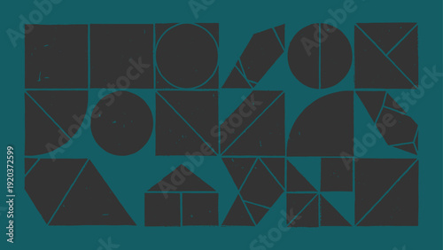A dark teal background with a collection of black geometric shapes in various sizes and orientations including triangles circles and polygons with thin teal lines.