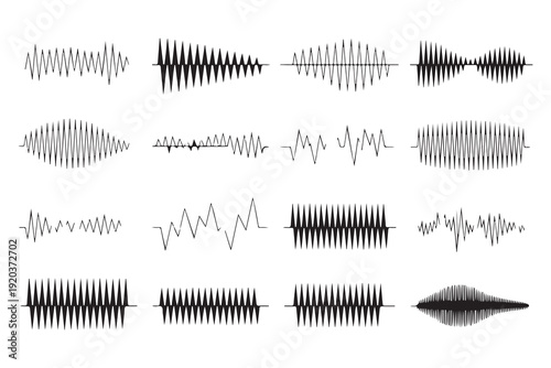Set of dynamic sound wave and audio signal graphics, representing music and voice frequencies and amplitude