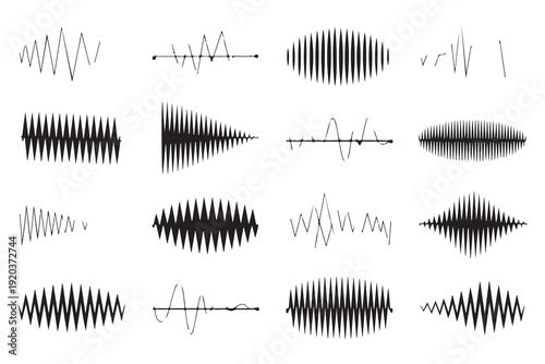 Abstract geometric wave forms and sound pulse patterns for audio visualization or electronic music layouts