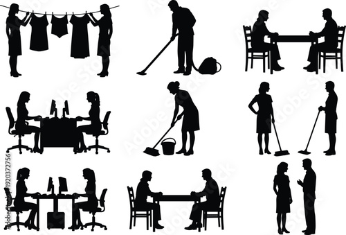 Daily life people silhouette collection, household chores, office work, cleaning service, teamwork, business meeting, routine lifestyle activities, vector illustration set