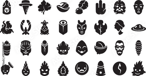 Collection of various black and white mystical symbols icons