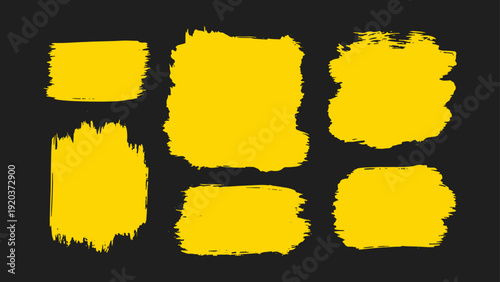 Set of six vibrant yellow abstract paint brush strokes perfect for creative art projects text highlights or expressive design elements