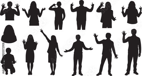 Silhouettes of people in various poses and gestures together