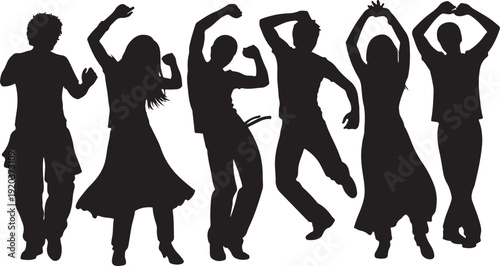 Silhouettes of people dancing in various joyful poses together