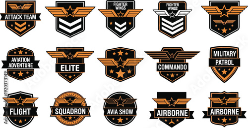 Vector illustration set of military aviation badges featuring winged stars and elite airborne commando squadron patches।