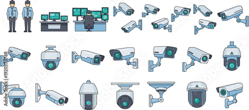 Vector illustration set of CCTV security cameras monitoring control room and security guards for surveillance and safety concepts।