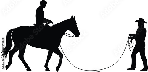 Silhouette of cowboy training horse with lasso rope, rider on horseback and ranch handler isolated on white background, western equestrian lifestyle concept illustration