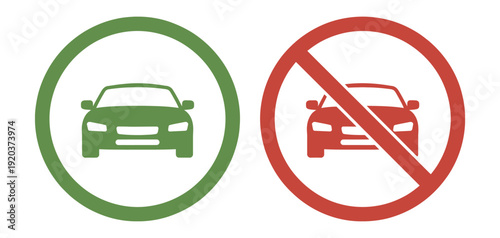 Traffic Signs car parking and no entry vector, green permit circle and red prohibited symbol for road safety and navigation