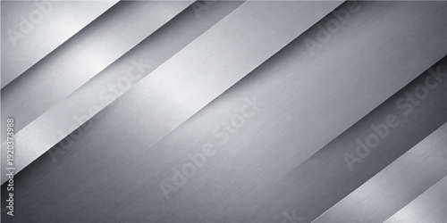A futuristic silver brushed metal texture background features a geometric pattern of sleek metallic lines and light reflections for a digital business architecture or modern interior wall design
