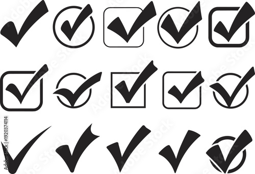 Check mark icon set collection, approval symbols, tick verification signs, black vector illustration isolated on white background minimal design