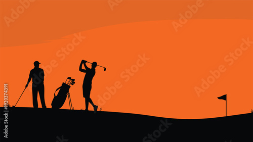 Silhouette of golfers playing at sunset with golf bag and flag on course, illustrating sport, leisure activity, competition, and outdoor recreation concept.