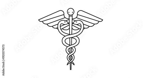 Classic Outline Caduceus Health Symbol with Winged Staff and Snakes on Isolated White Background