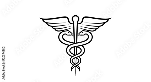 Bold Caduceus Medical Symbol with Wings and Snakes, isolated white background