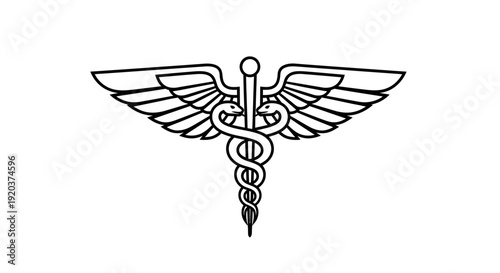 Caduceus Medical Symbol with Wings and Snakes, isolated white background