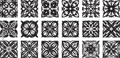 Black and white floral patterns on square tiles background