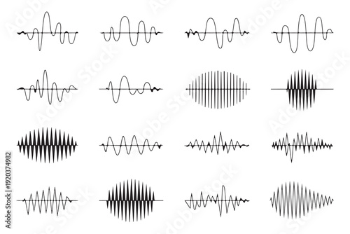Array of diverse sound wave audio signals and abstract audio visualization graphics for technology and music