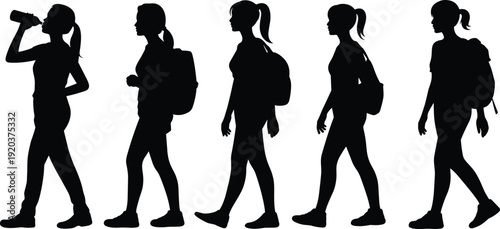 Silhouette of young woman walking with backpack and drinking water bottle, illustrating fitness, hiking adventure, healthy lifestyle, travel, and outdoor activity concept.