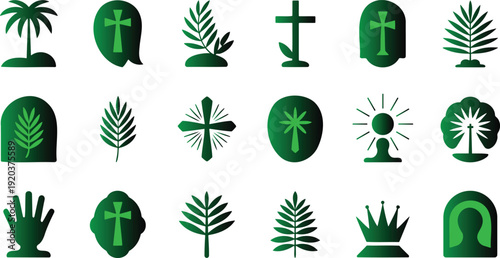 Collection of green silhouette icons featuring plants and religious symbols on white background for design use