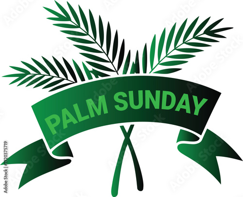 Palm Sunday banner with green palm leaves and ribbons on transparent background